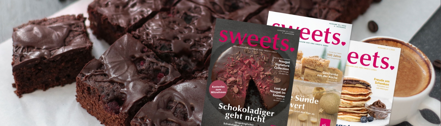 Viba sweets Magazin-Titel vor Heilemann Schokoladenkuchen und Kaffeetasse