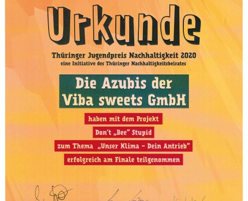 Urkunde Thüringer Jungendpreis Nachhaltigkeit 2020 Auszeichnung_Azubiprojekt