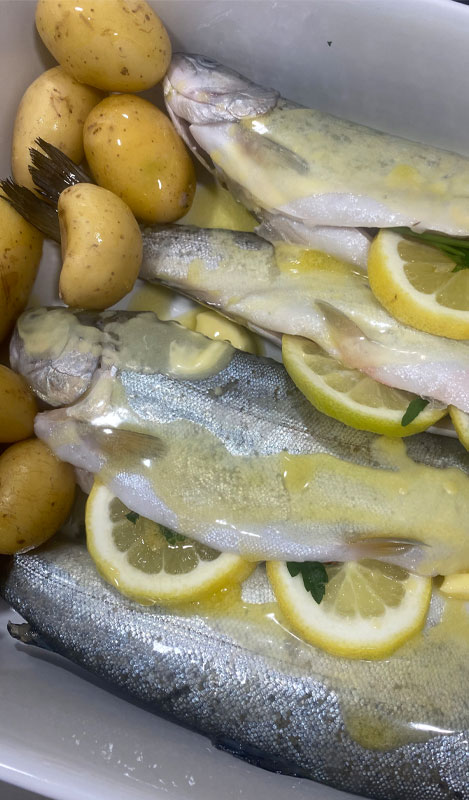 Frische Forelle mit Ofenkartoffeln und Mangold Frische Forellen mit Kartoffeln und Zitronen in einer Ofenform