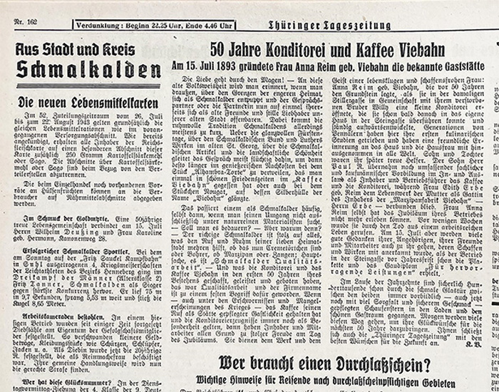 Ausschnitt aus der Südthüringer Tageszeitung, 50 Jahre Konditorei und Kaffee Viebahn