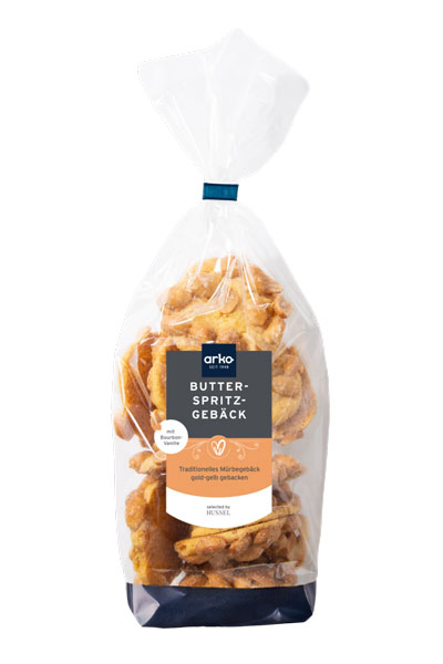 arko Butter-Spritzgebäck Etikett auf Erdnusstaler